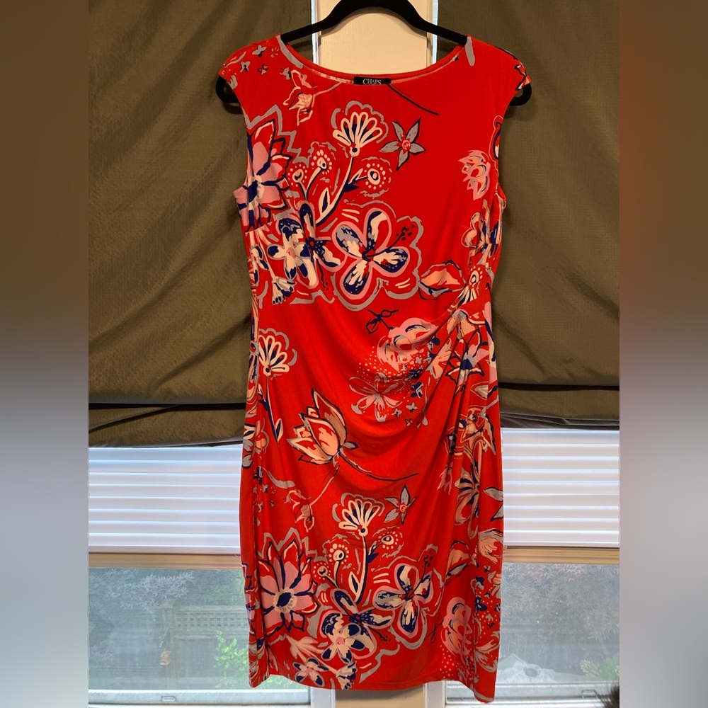 Chaps Bright Orange Midi Floral Dress w Side Ruching, Size Large - Picture 10 of 12
